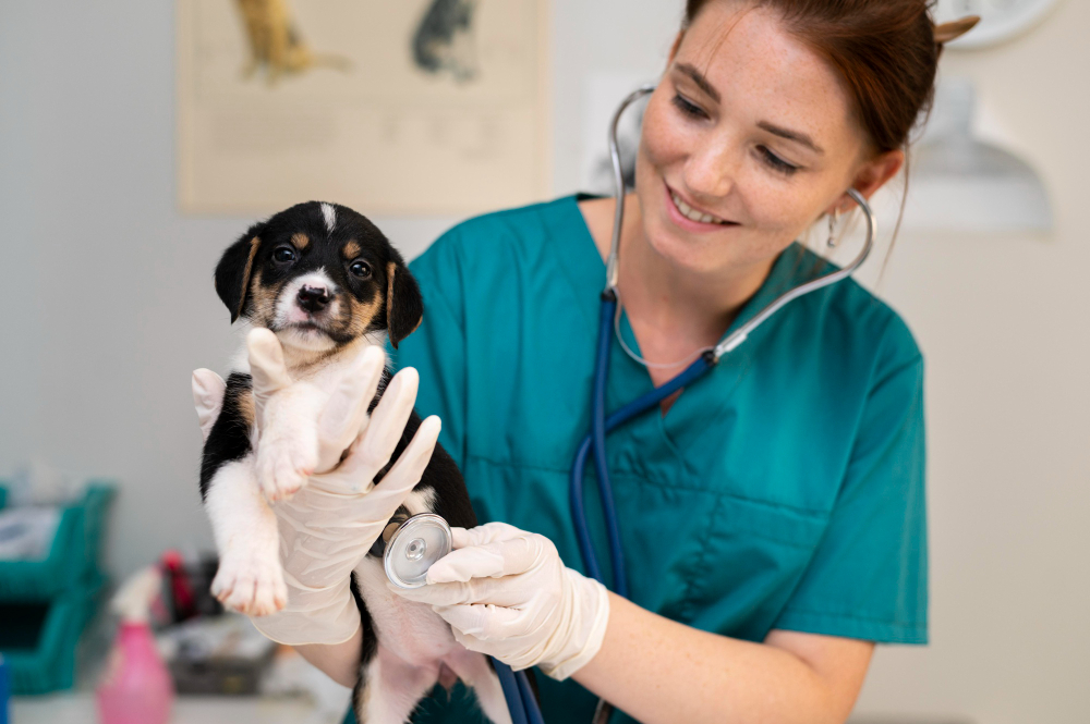 Veterinaria con cachorro en mano